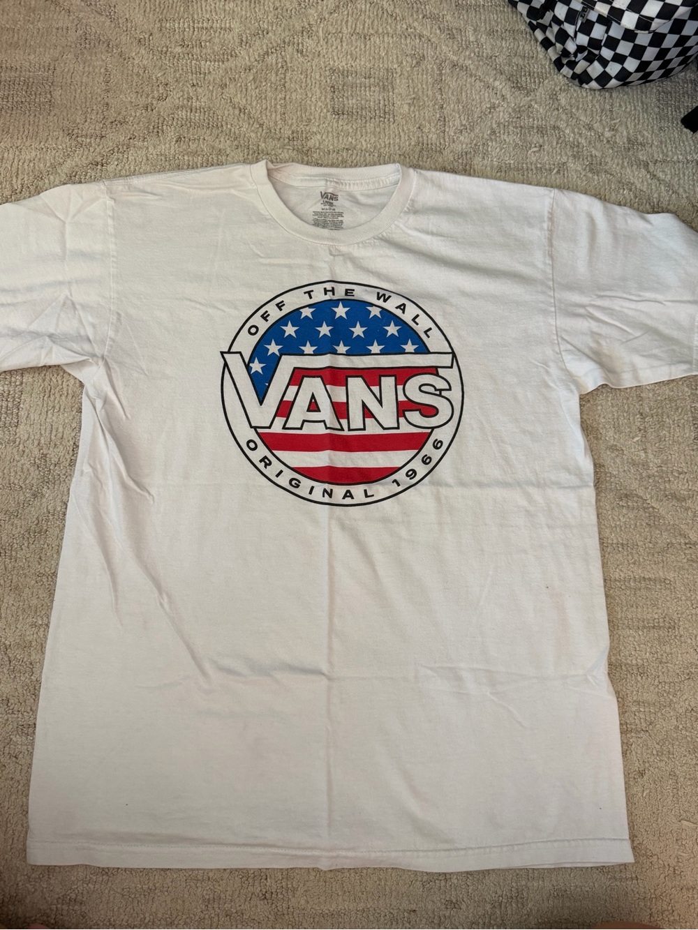 Vans White Short Sleeve Tee with Red & Blue American Logo